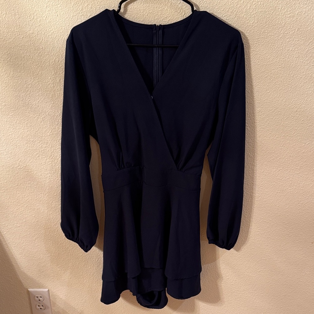 Women’s Elegant Navy Long Sleeve Romper, New, Size L